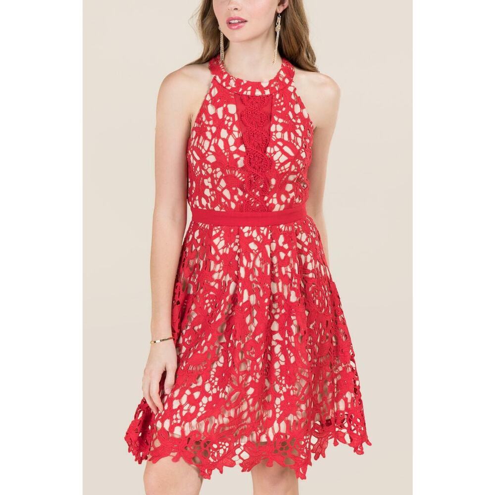 Francesca's Braylee red floral lace A-line dress, Size M - Picture 10 of 11